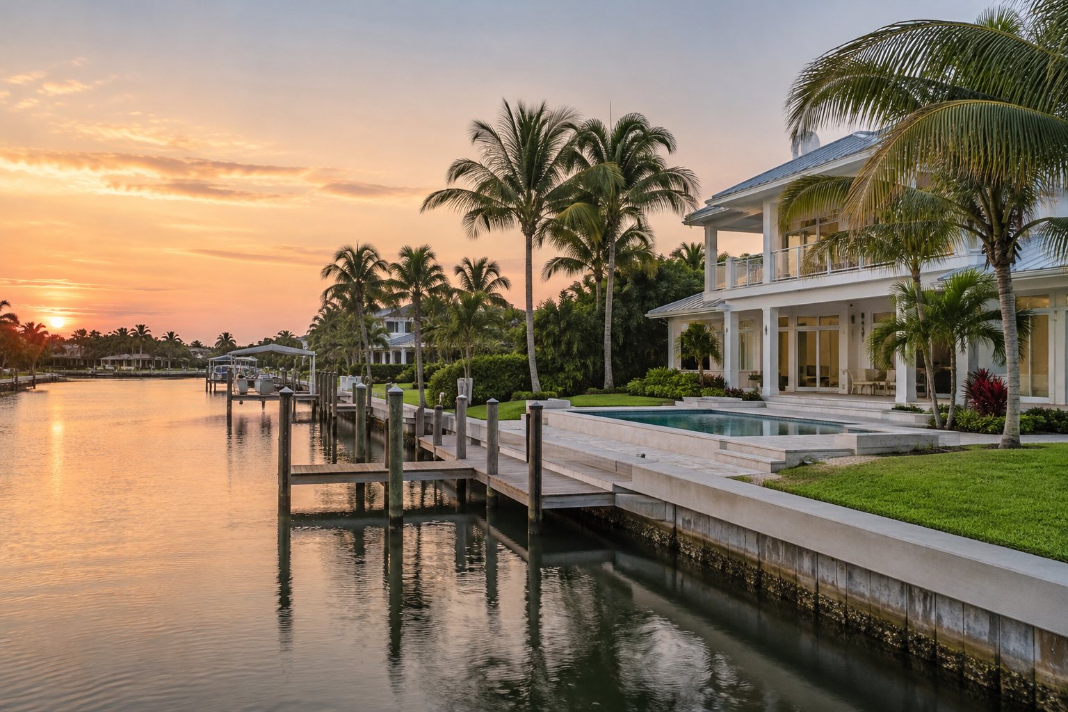 A Florida coastal home with palm trees by the water in soft evening light, illustrative